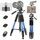 JOILCAN 65” Camera Tripod, Aluminum Lightweight Phone/Tablet Stand 11 lbs Load with Universal Phone/Tablet Mount,2PC Quick Plates for Traveling,Live Streaming, Video Recording（Blue）