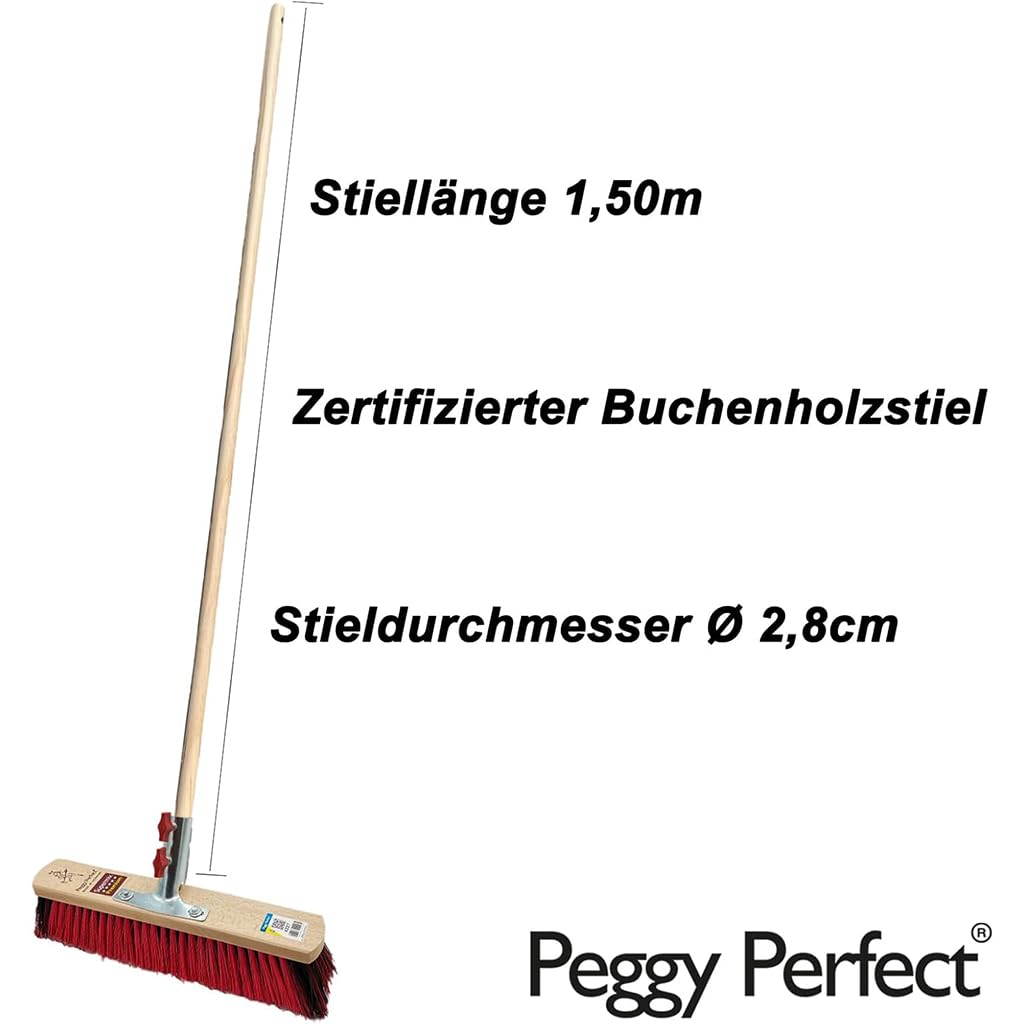 Peggy Perfect Straßenbesen, Saalbesen 40cm mit 1,50m langem, Ø2,8cm Holzstiel. Premium Supermix Borsten - robust & nassfest. Patentiertes Stielhaltesystem „Schraubfix Plus“.