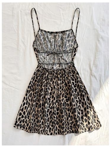 Image of Verdusa Women's Cheetah Print Dress Y2K Leopard Fitted Mini Dresses Spaghetti Strap Mesh Dress