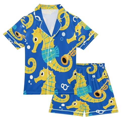 Satin Pajama Sets Short Sleeve Seahorses Swimming on Blue Button Down Silky Nightwear 2 Piece PJS 5-14Y