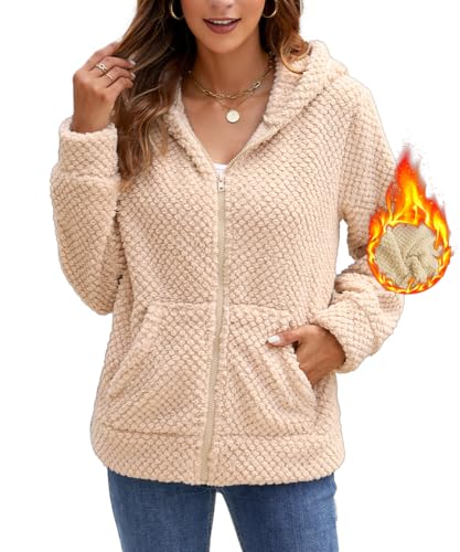 Damen Winterjacke Hoodie Fleecejacke Warm Wintermantel Stilvoller Pullover Strickjacke Reißverschluss Plüschjacke Herbst Kurz Mantel Winter Jacke Oberteile Mode Kapuzenjacke Mit Taschen (Aprikose, XL)