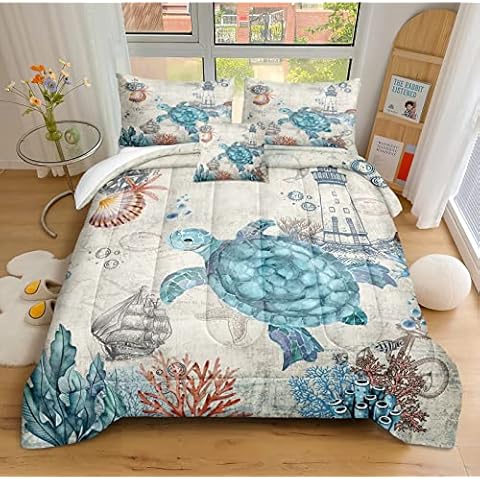 Sea Turtle Comforter Set Coastal Beach Comforter California King Blue Sea Ocean Theme Pattern Sea Teal Turtle Bedding Decor 1 Comforter 2 Pillowcases 1 Cushion Cover (California King, Turtle) Cover