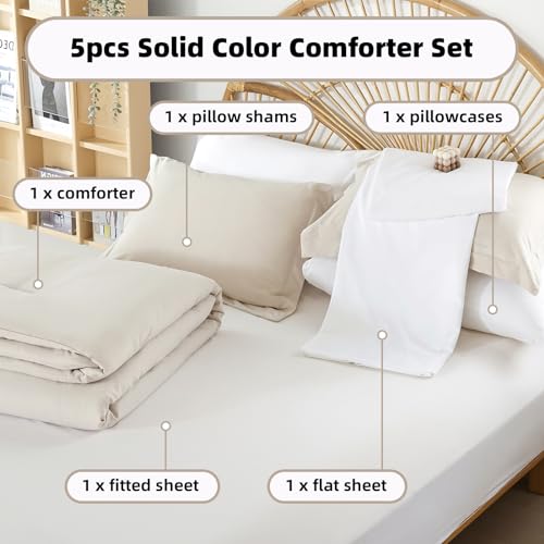 Image of weigelia Beige Twin Comforter Set with Sheets - 5 Pieces Bed in a Bag Twin | All Season, Boho Style, Soft Lightweight Bedding Set with Sheets, Pillow Shams, Pillowcases
