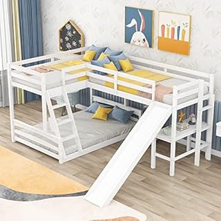 L-Shape Triple Bunk Bed with Slide and Desk, Twin Over Full Bunk Bed & Twin Size Loft Bed with Desk, Corner Bunk Beds for Kids Boys Girls Teens (3 Beds, White)