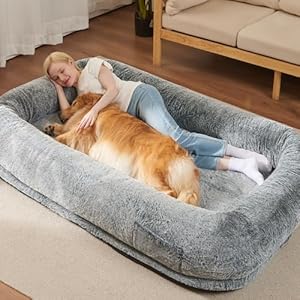 Human Dog Bed for Adult – Human Size Dog Bed for People with 320 GSM Luxurious Fluffy Faux Fur Cover, Giant Dog Bed for Humans Bean Bag Bed with 40D Orthopedic Memory Foam, (Large, Black)