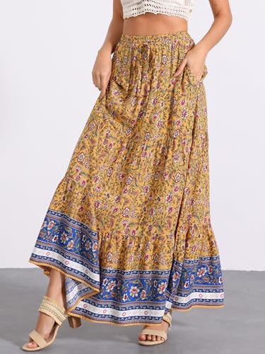 Allegra K Boho Skirt for Women's Flare Bohemian Floral Elastic Waist Flowy A-Line Vintage Casual Maxi Skirt4