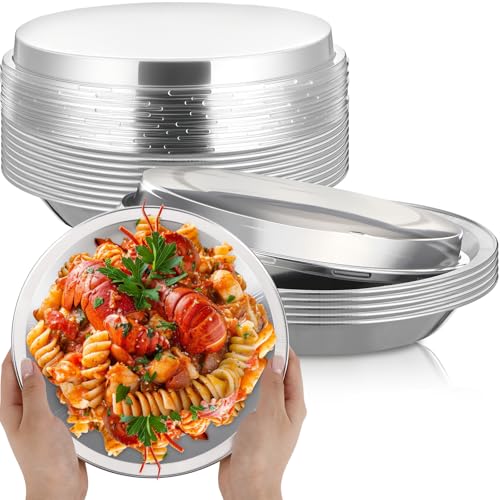Ferrochef 9 Inch Heavy Duty Aluminum Pie Tins Bulk with Lid Oven and Freezer Safe Disposable Pie Pizza Pan Dessert Baking Cups for BBQ Camping Graduation Fathers Day Party Favors(10 Pack Silver)
