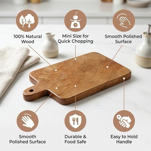 Image of Handcrafted Mango Wood Chopping Board with Hanging Handle (9 x 5 x 0.5 inch) | Small Rectangular Wooden Cutting Board, Cheese Platter & Prep Paddle for Kitchen, Fruits, Garlic, Herbs