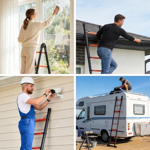 Image of Telescoping Ladder 12.5 FT A Frame, Extension Multi-Purpose with Balance Bar Heavy Duty 330 lbs Max Capacity for Home and Outdoor Work, Orange
