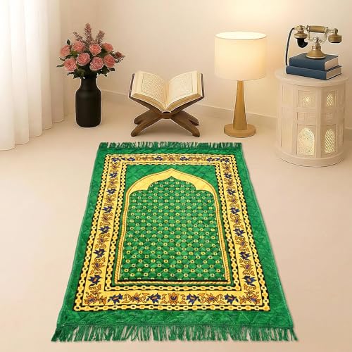 Image of Kuber Industries 28x44 Inch Velvet Janamaz /Meditation /Prayer Mat for Muslim Namaz | Soft & Foldable Mihrab Mark Islamic Prayer Rug | Green
