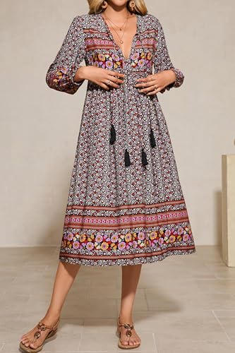 R.Vivimos Women's Long Sleeves Floral Print Retro V Neck Tassel Casual Bohemian Midi Dresses4