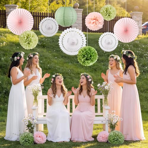 Image of EASY JOY Sage Green and Pink Party Decorations Green Birthday Decorations Sage Tissue Pom Poms Paper Lanterns White Paper Fans (11pcs) for Women Girls Birthday Wedding Bridal Shower Baby Shower