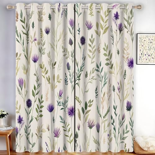MLSOWM Cream Blackout Thermal Insulated Curtains - W 66" x L 90", Thistle Or Lavender Eyelet Curtains & Drapes, Soft Black Out 2 Panels for Living Room, Bedroom, Kitchen Window