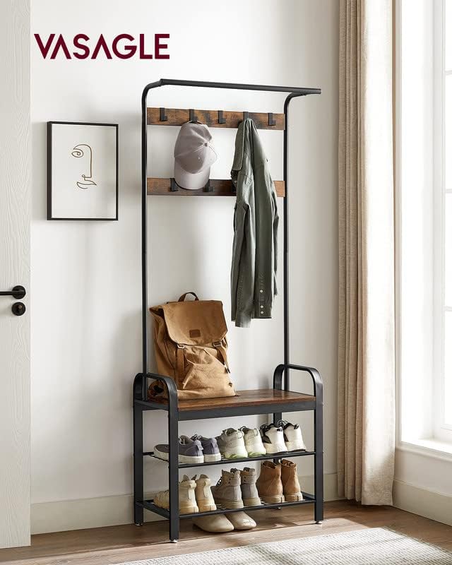 VASAGLE Coat Rack, Hall Tree with Shoe Bench for Entryway, Entryway Bench with Coat Rack, 4-in-1, Rustic Brown and Black UHSR40B - Image 2