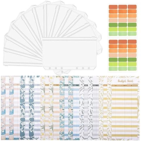 DUOUPA A6 Budget Binder Sheets 12 Pieces and Binder Envelopes 12 Pieces with Label Stickers 2 Pieces Budget Planner and Money Organiser Accessories for Money Saving (Flower) Cover