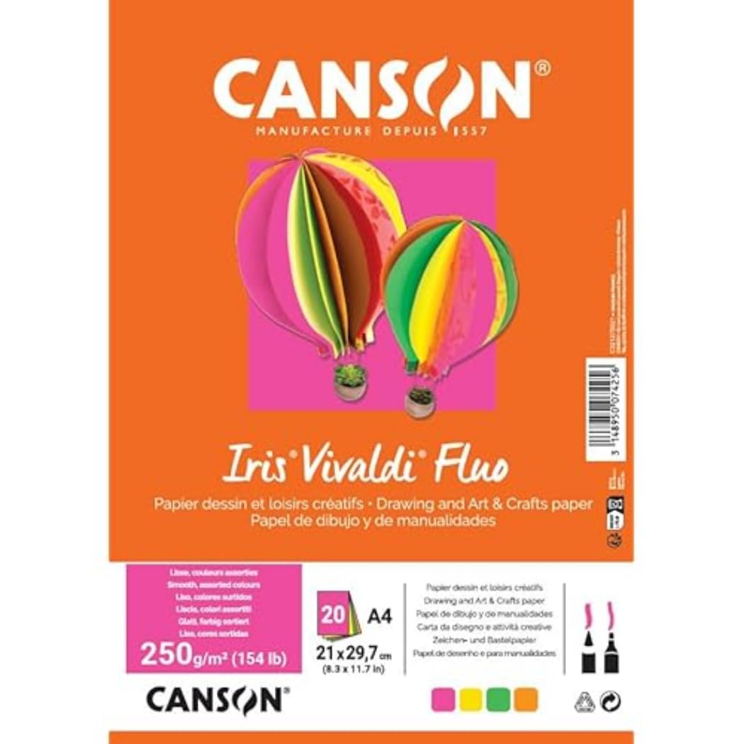 CANSON Iris Vivaldi, Colour Drawing Paper, Plain, 240 g, Sheet, A4-21x29.7, 4 Assorted Fluo Colours, 20 Sheets