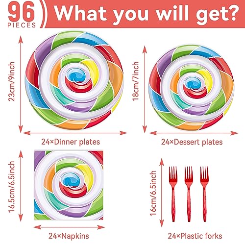 Image of 96pcs Candy World Party Supplies for 24 Guests Sweet Candy Tableware Set Lollipop Plates Napkins Dinnerware Table Decorations for Birthday Pink Donut Party Favors