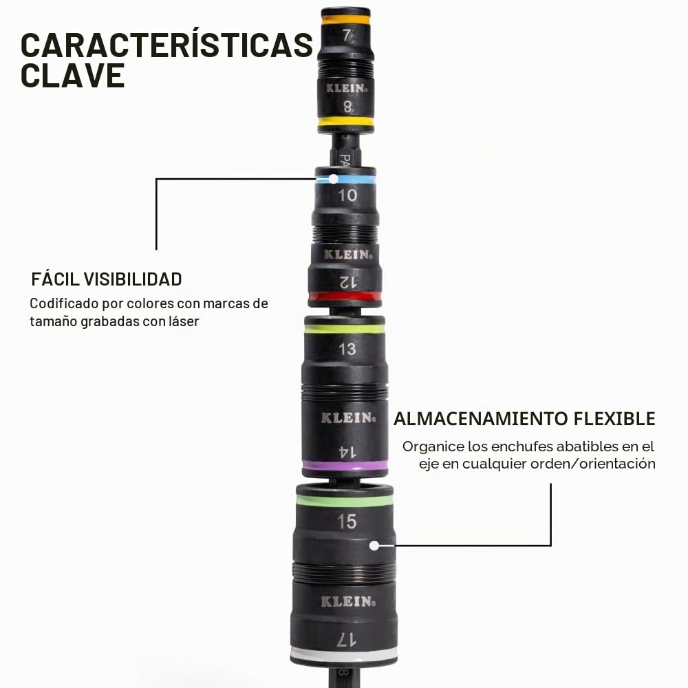 Klein Tools 32934M | Juego de vasos impact 8 en 1 métricos | Medidas 7 8 10 12 13 14 15 17 mm | Herramienta profesional para atornilladores de impacto