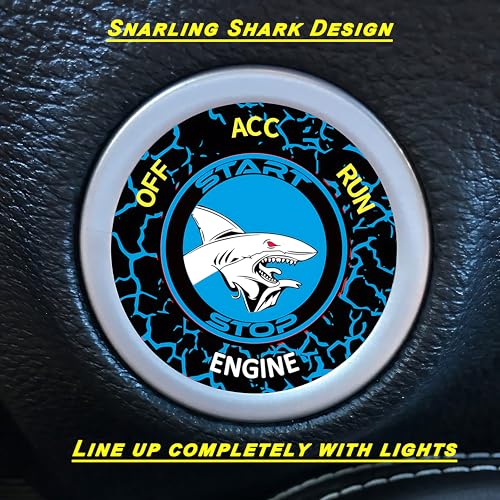 Image of TOOLEPIC Push Start Button Cover for Dodge Challenger Charger Durango Chrysler Journey Ram Accessories 2015-2024, Engine Start Stop Ignition Switch Kit -Angry Shark Design-Crazy Blue Custom Fit