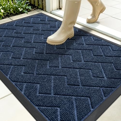 Image of OLANLY Front Door Mat Indoor Outdoor Entrance, Waterproof All-Season, All-Weather Doormat, Sturdy Natural Rubber, Low Profile, Easy Clean Patio Porch Entryway Mat, Herringbone Brick (Blue, 35x23)