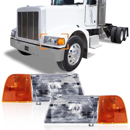 Hpdmauto - Hpdmauto Headlight with Corner Lamp fit for Peterbilt 385/377 Trucks Halogen Headlights Headlamp Assembly Pair Left Driver and Right Passenger Side