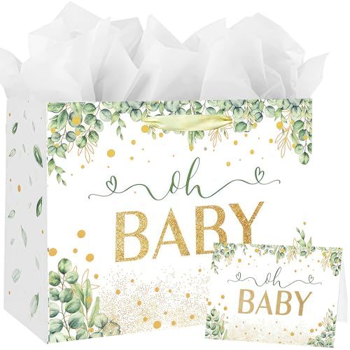 Sac cadeau grand format 33 cm x 12 cm x 26 cm, sac cadeau de luxe pour bébé avec carte cadeau et papier de soie, sacs de fête pour cadeaux, grand sac cadeau...