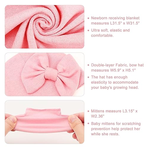 Image of AQOKKA Newborn Receiving Blanket with Bow Hat Mittens Wooden Card Set Newborns Toddler Baby Boy Girl Nursery Swaddle Wrap
