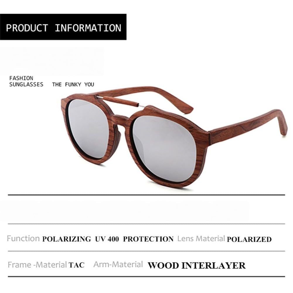 Occhiali da sole classici in legno con montatura ellittica, alla moda, protezione UV400 per uomo e donna, colore nero, con custodia rotonda in bambù.