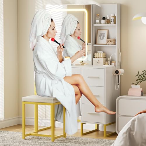 Vanity Desk, Makeup Vanity Desk with Mirror and Lights, Power Outlets, Cushioned Chair, Hairdryer Holder, 3 Lighting Colors, 4 Drawers and 5 Storage Shelves for Bedroom