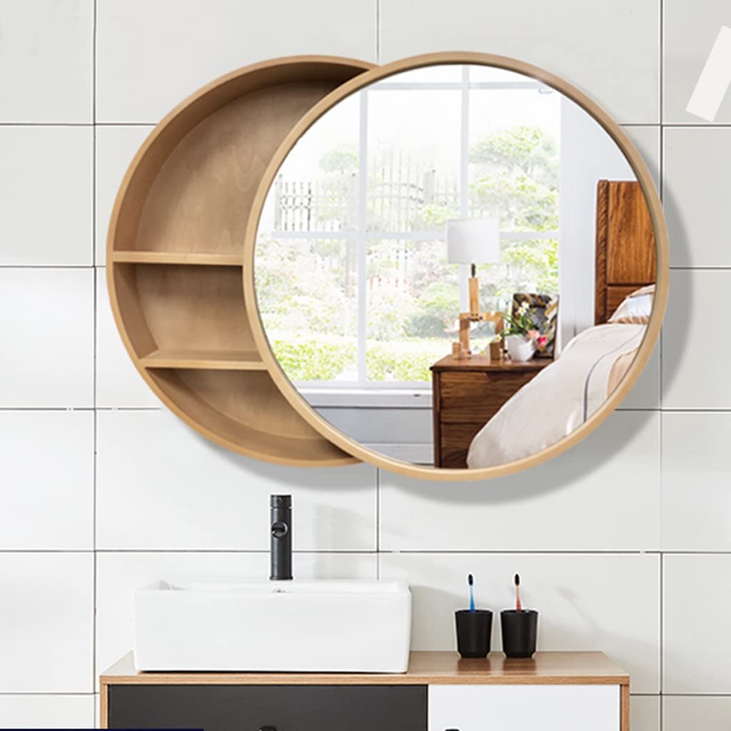 Specchio rotondo da bagno in legno da 50 cm, con ripiano portaoggetti, armadietto da parete in legno massello impermeabile, elegante accessorio decorativo per la casa per bagni moderni