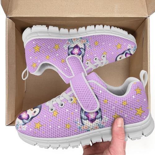 Boys Girls Sneakers Kids Lightweight Breathable Strap Athletic Running Shoes for Little Kid/Big Kid Penguin Star Floral Pattern2