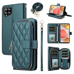 Furiet Argyle Wallet Case for Samsung Galaxy A42 5G with Wrist Strap Shoulder Strap 9+ Card Slot Zipper Purse Luxury PU Leather Stand Checkered Cell Phone Cover for A 42 G5 42A S42 4G 2021 Green