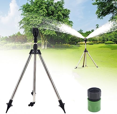 Rotating Tripod Sprinkler, 360 Degree Automatic Rotating Irrigation Watering Sprinklers, Telescoping Tripod Sprinkler for Large Area, Yard, Garden, Lawn, Household Automatic Irrigation System (A)