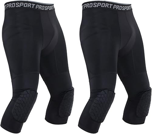 Miniatura 6 de Blaward Paquete de 2 pantalones de baloncesto para hombre con rodilleras, 34 capri acolchados de compresión, leggings deportivos, capa base atlética