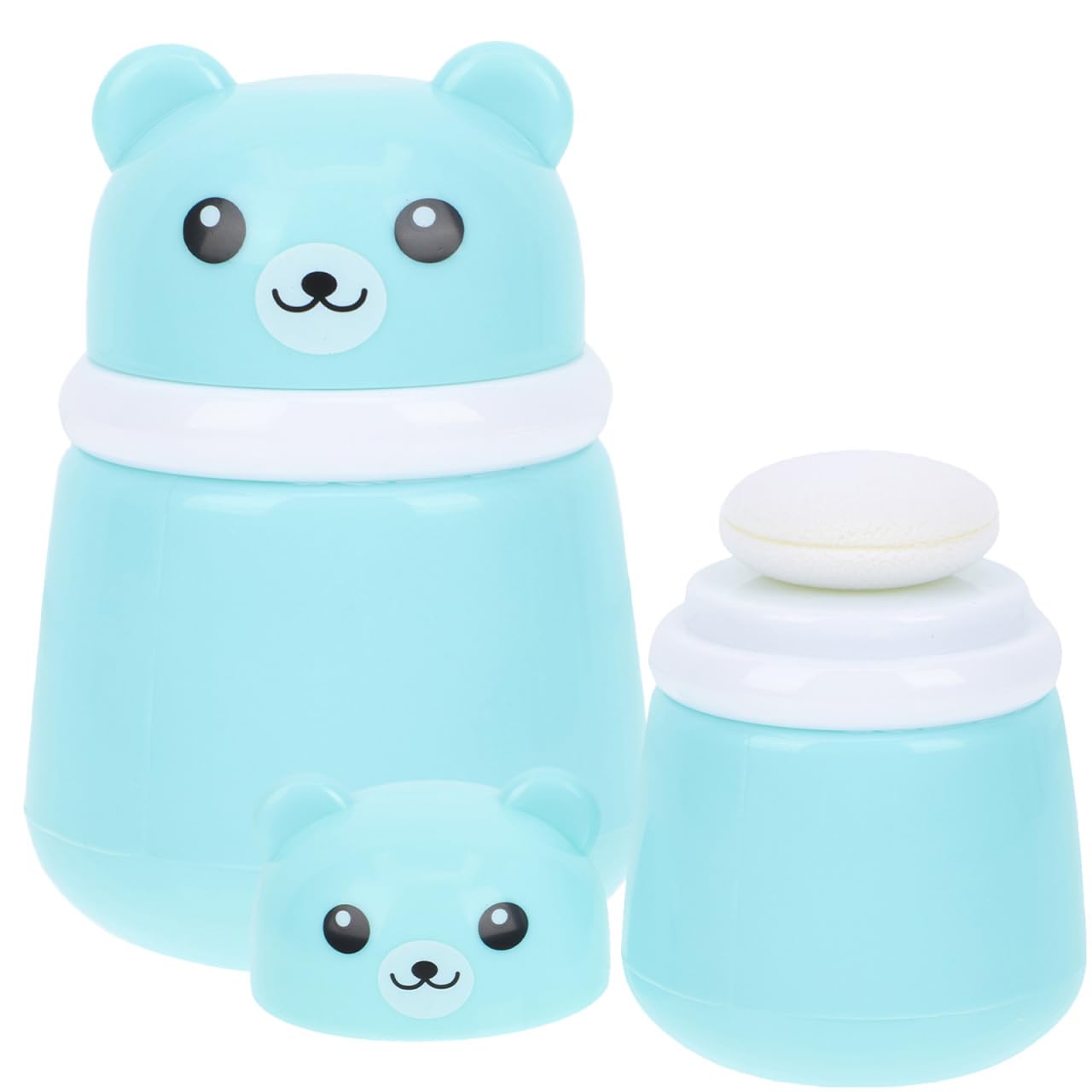 POPETPOP 2 Pcs Baby Body Cosmetic Powder Puff Kit: Portable Bear Design Empty Powder Puff Box with Dust Cover for Home&Travel Use (Blue)