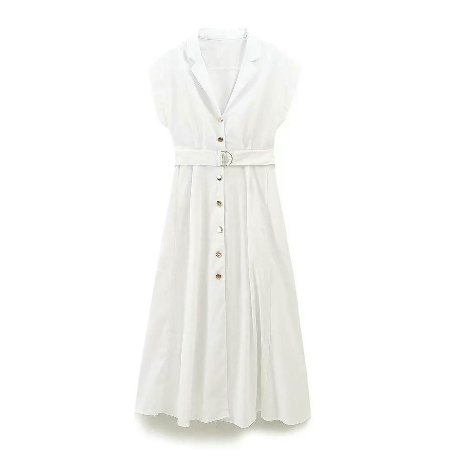 Vestito Donna Abiti da Donna con Abbottini Midi A Maniche Corte da Donna A Manichette con Cintura di Cotone con Cintura-Bianco-XS