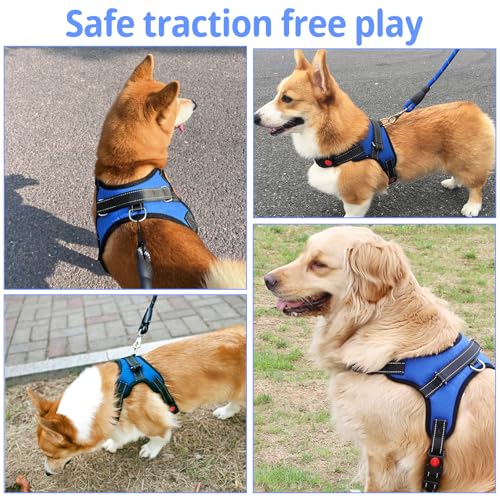 TYXHXTF Hundegeschirr Mittelgroße Hund, Reflektierend Weich Gepolstert Geschirr, Verstellbares Anti-Zug Brustgeschirr mit Griff & Reflektorstreifen, Atmungsaktives No Pull Hundegeschirr, Blau, M
