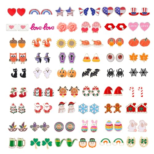 Yoshow 54 Pairs Hypoallergenic Holiday Earrings Variety Pack Cute Halloween Stud Earrings Bulk for Women Teens Fun Thanksgiving Christmas Earrings Set Fall Earrings Jewelry