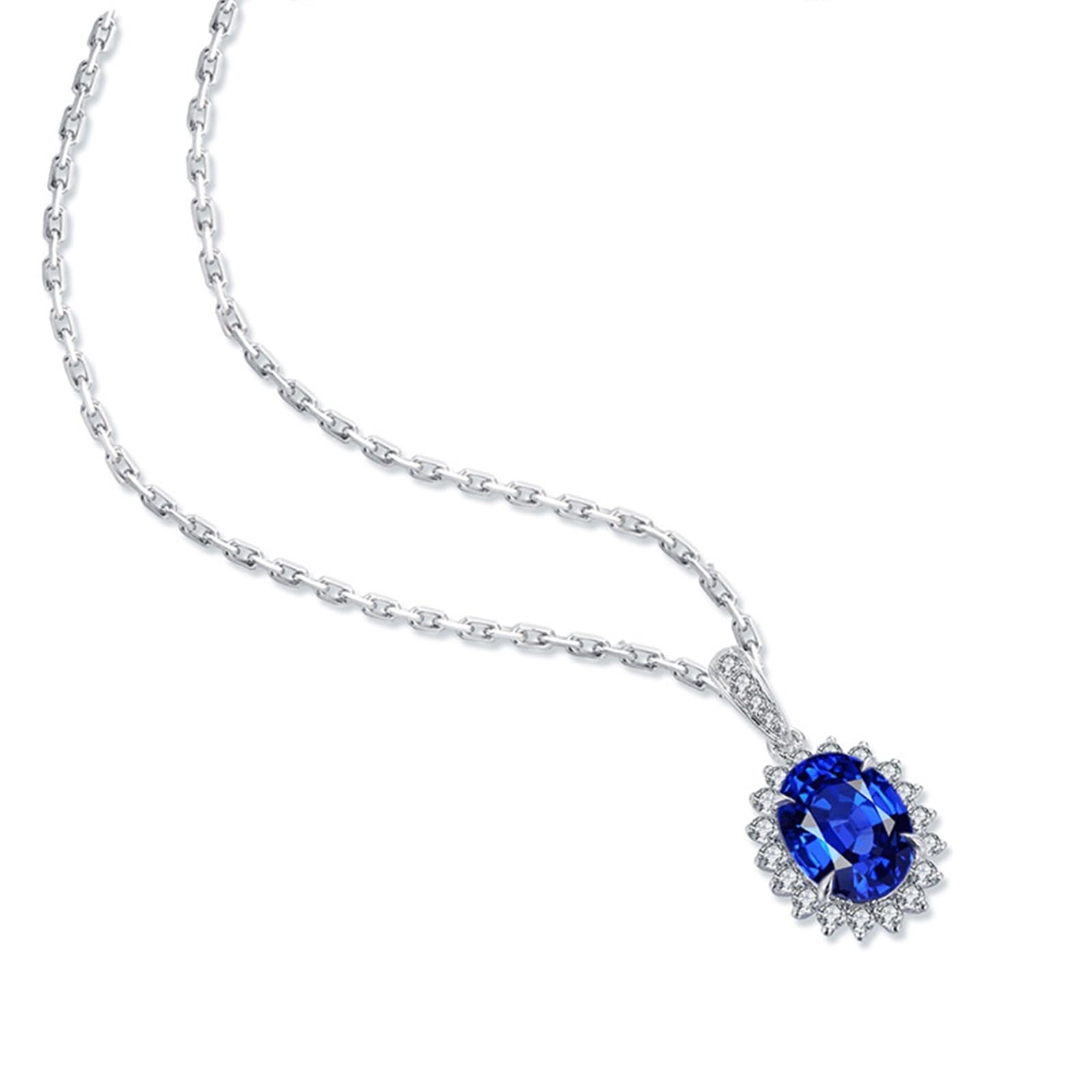 KnBoB Collar para mujer de plata 925 flores azul ovalado laboratorio creado zafiro piedras preciosas colgante joyas longitud 40+5 cm