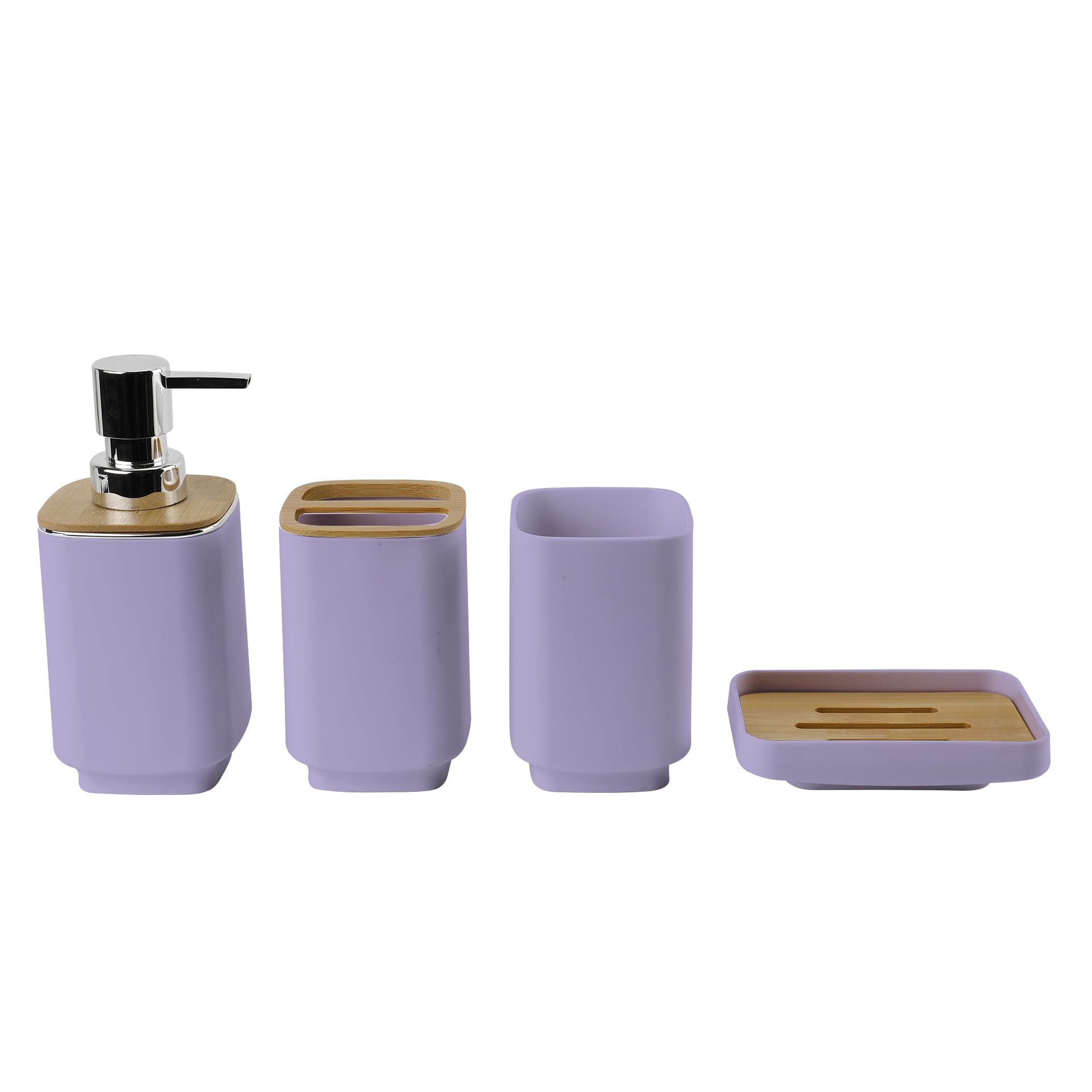 Hosoncovy 4 Pcs Bathroom Accessory Set with Lotion Dispenser, Gargle Cup, Soap Dish ，Toothbrush and Toothpaste Holder，Bathroom Container Set of 4 (Purple)