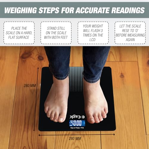 Image of Eagle Digital Weighing Scale for Body Weight 180Kg | Smart Fitness Weight Machine with LCD Display, Auto On /Off | Bathroom Scale for Home, Gym & Clinic - Black, EEP-1300A