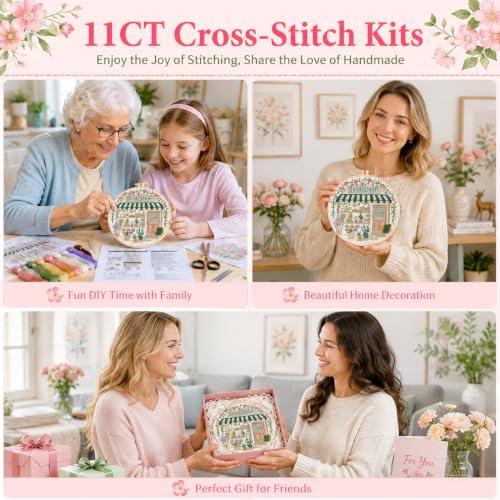 Image of VIGEGU Bookstore Stamped Cross Stitch Kits for Adults Beginners with Frame