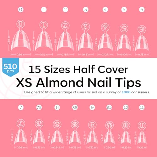 Image of Modelones Short Almond Nail Tips - 510Pcs Half Cover Fake Gel Tips Pre-shaped Clear Acrylic Gel Kit False Extra Short Press on Nails for Extension DIY Salon 15Sizes