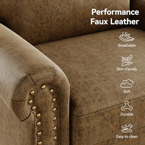 Image of Nailhead Trim Accent Chair,Faux Leahter Mid Century Modern Living Room Arm Chairs,Comfy Bedroom Reading Chair for Adults,Cozy Single Sofa Corner Side Room Chair,Vintage Brown