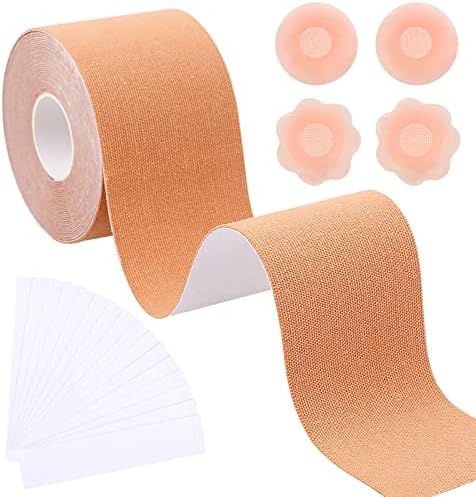 Lookmee Breast Lift Tape, Boob Tape with 4 pcs Reusable Nipple Cover Adhesive Bra and 36 Pre-Cut Body Tape, Sweatproof, Fit Clothing, Dress and A-E Cup, Buff, 5M