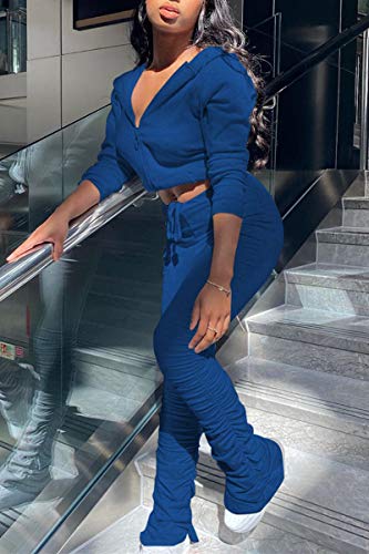 Pinsv Women's 2 Piece Outfits Long Sleeve Workout Sets Zip Up Hoodie Pleated Flare Pants Tracksuit Sweatsuit Blue M #TOP2