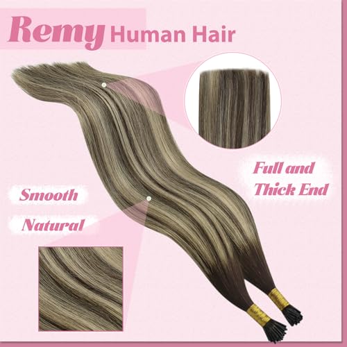 Image of YoungSee I Tip Extensions Balayage, I Tips Hair Extensions Real Human Hair, Ombre Dark Brown with Ash Blonde, Itip Human Hair Extension, 18 Inch 55 Strands 50g, for All-day Wear