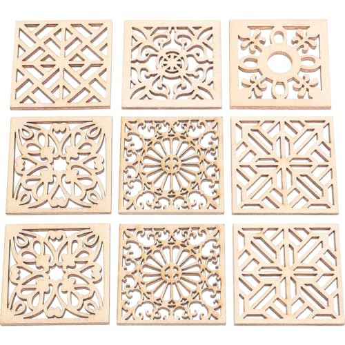 Gadpiparty 20pcs Laser Cut Wood Shapes for Crafts, Wood Cutouts for Crafts, Square Hollow Floral Cutouts with Rope DIY Ornaments, Wedding Holiday Birthday Decorations