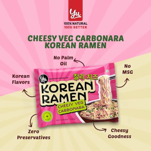 Image of Yu Foodlabs Cheesy Veg Carbonara Korean Ramen - Zero Preservatives & No MSG - 100% Natural Ingredients & Veg - Instant Noodles Ready in 6 Mins - 400 G (100 G x 4) - Yu (Pack of 3)