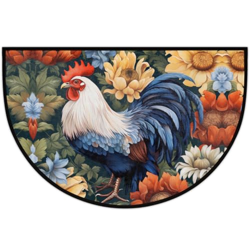 Image of cfpolar Animals Rooster Sunflowers Half Round Door Mat Outdoor Entrance Large 24 inchx36 inch Half Circle Welcome Entrance Way Mat Semi Circular Front Door Mat Area Rug for Garage, Patio, High Traffic Areas